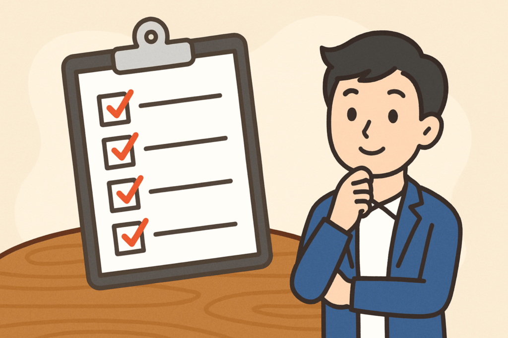 テーブルの上に置かれたチェックリストと、それを見て悩む男性のアニメ風イラスト。給湯器選びで後悔しないための判断チェックをイメージ。