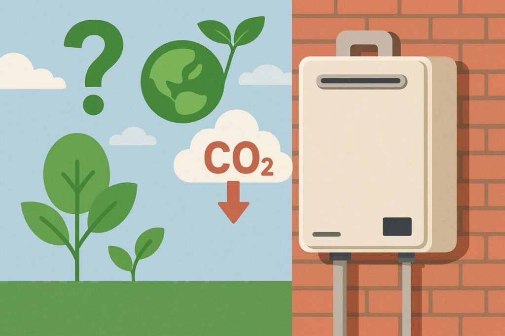 エコジョーズ給湯器とCO₂削減を示すアイコン、環境への影響を問うイメージイラスト