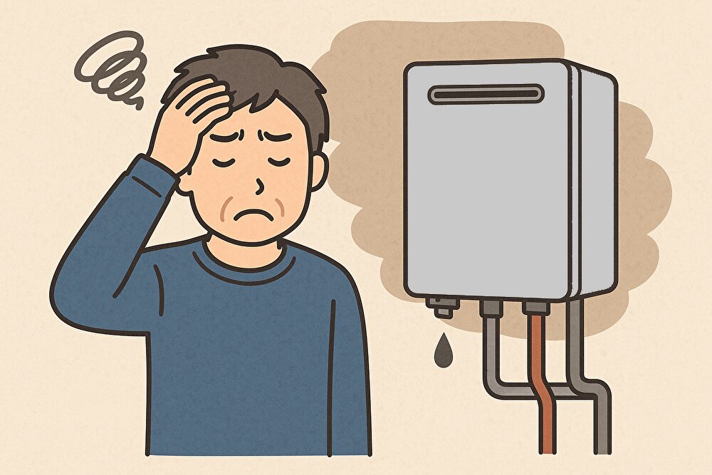 困惑した表情で頭を抱える中年男性と、ドレン排水が滴る給湯器のイラスト。エコジョーズに対する不満や設置後のトラブルを表現している。