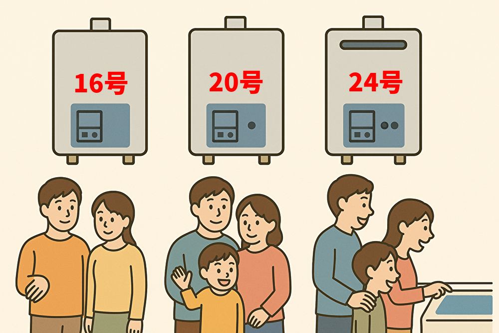 同じサイズで描かれた3台の給湯器の下に、2人・3人・4人家族がそれぞれ配置されたイラストで、号数による使用シーンの違いが表現されている。