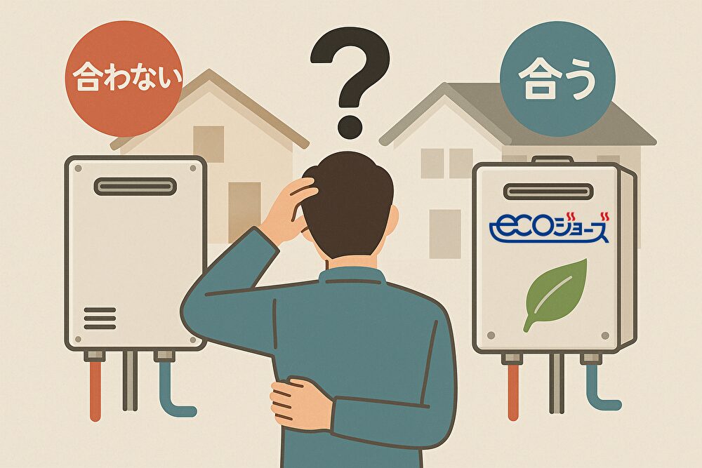 迷っている男性が、従来型とエコジョーズの給湯器を比較しながら選択を検討している様子のイラスト。
