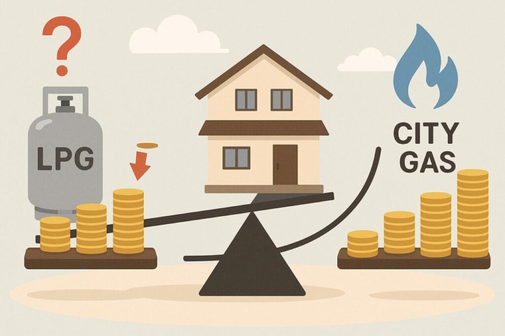 プロパンガスと都市ガスの料金差を天秤にかけて比較する住宅のイメージイラスト