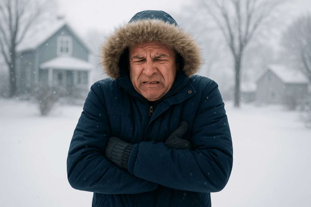 雪が降る寒冷地の住宅街で、凍えるように腕を抱えて寒そうにしている中年男性の写真。背景には雪に覆われた家と木々がぼんやりと写っている。