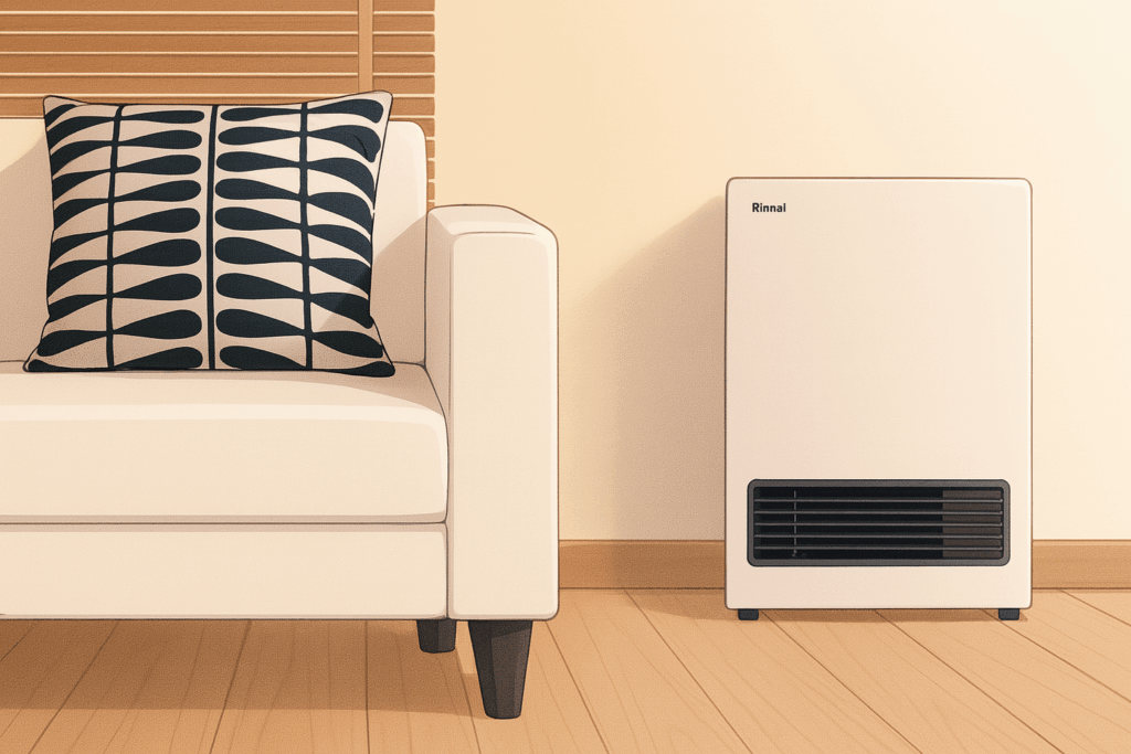 リビングに設置されたガスストーブとソファ。安全に長く使うためのメンテナンスの重要性を伝えるイメージ。