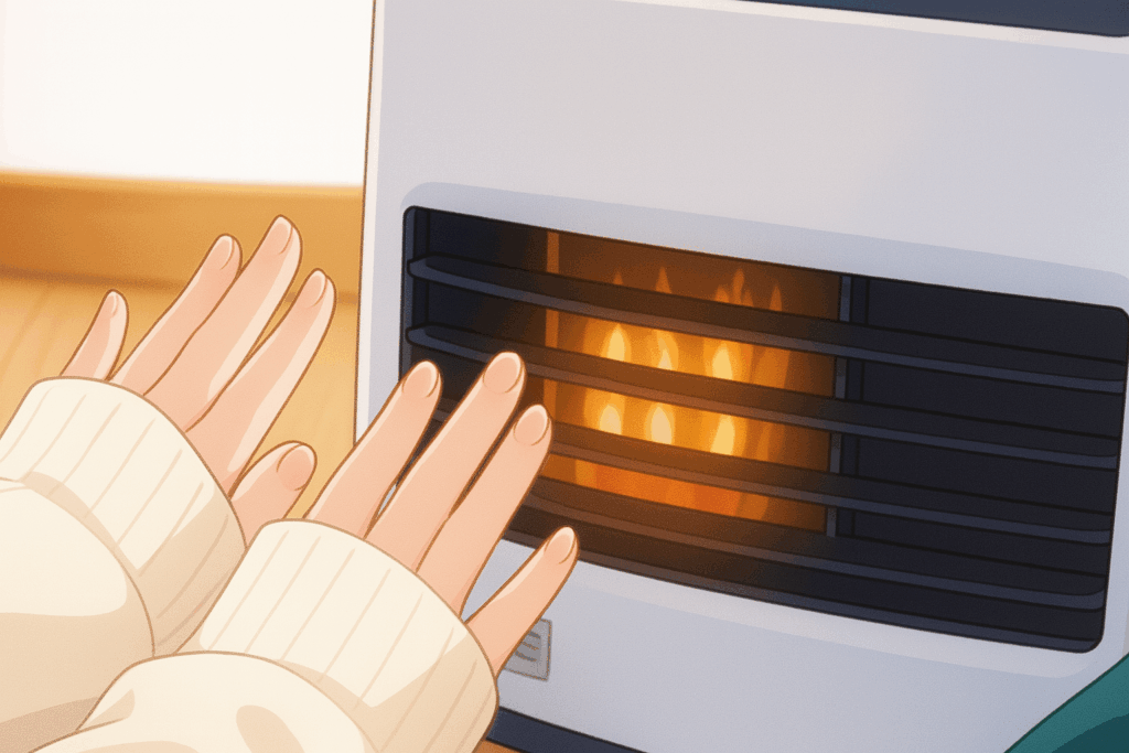 ガスストーブの前で手をあたためる様子。交換時期のサインを感じ取るシーンのイメージ。