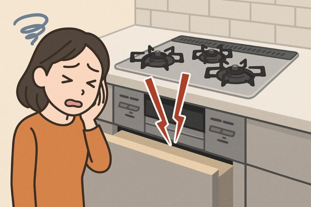 キッチンのビルトインコンロ前で失敗に気づき落ち込む女性のアニメ風イラスト。コンロ下の収納が閉まらないミスを強調している。