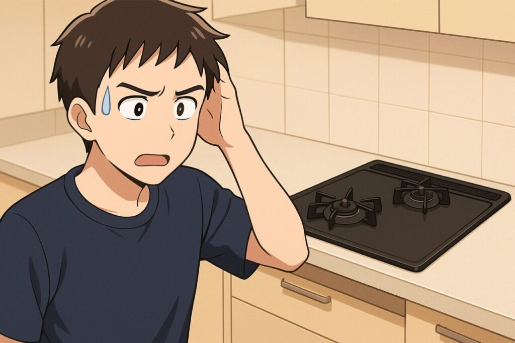 ビルトインコンロを前に困惑した表情で頭を抱えるアニメ風の若者。自力交換の不安やリスクをイメージさせる構図。