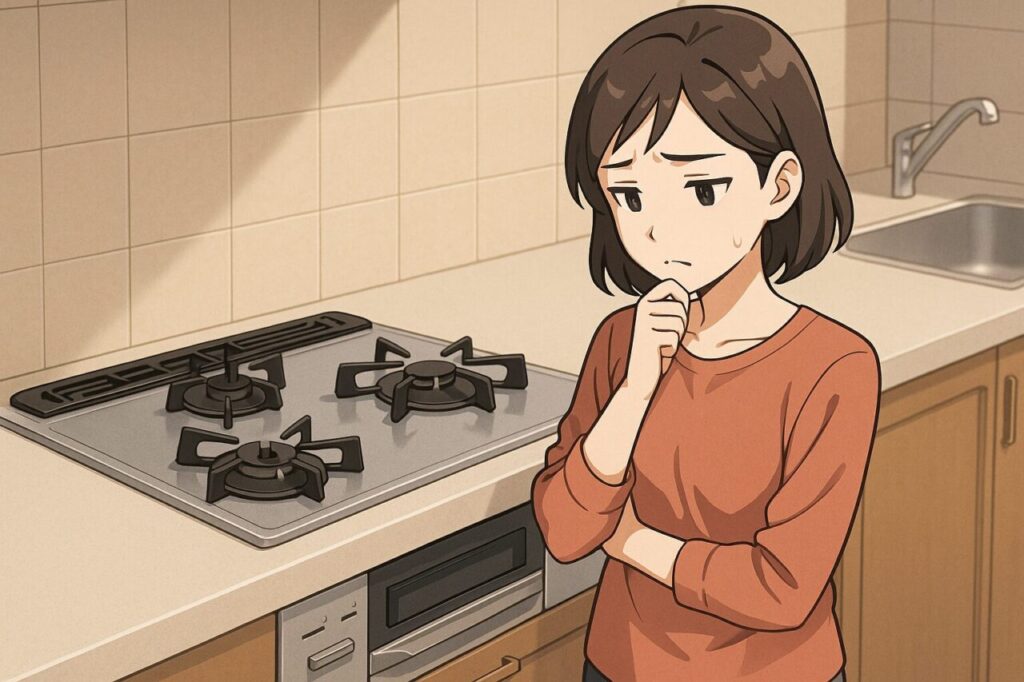 ビルトインコンロの前で腕を組み、悩んでいる表情を浮かべる女性のアニメ風イラスト。モダンなキッチン背景でコンロを見つめている様子。