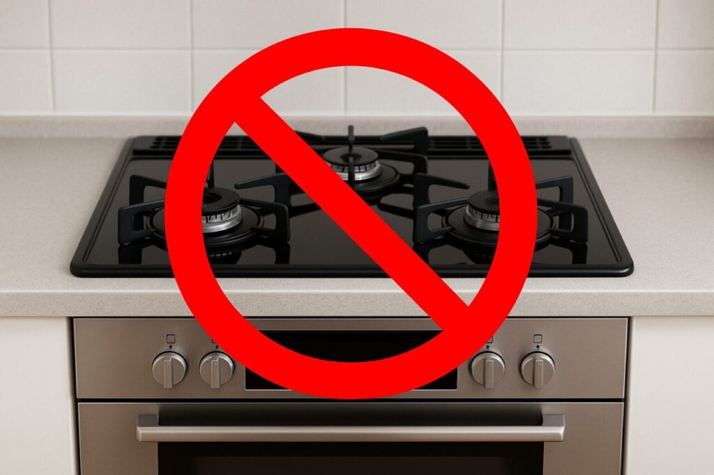 ガスコンロの上に赤い禁止マークが重ねられた画像。家庭用のビルトインコンロが写っており、個人での交換がNGであることを象徴している。