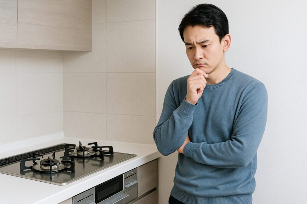 ビルトインコンロの前で腕を組みながら悩んでいる男性の様子。モダンなキッチンを背景に、真剣に考え込む表情が特徴的。