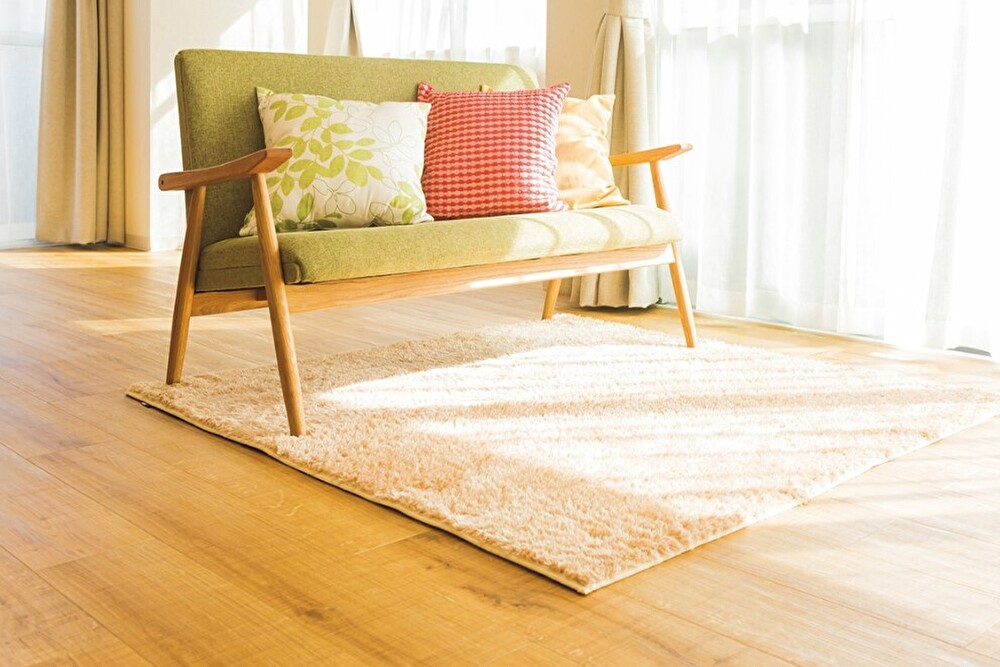 日差しが差し込む明るいリビングに置かれた緑の2人掛けソファとベージュのラグマット。床暖房が効いたような温かみのある空間が演出されている。