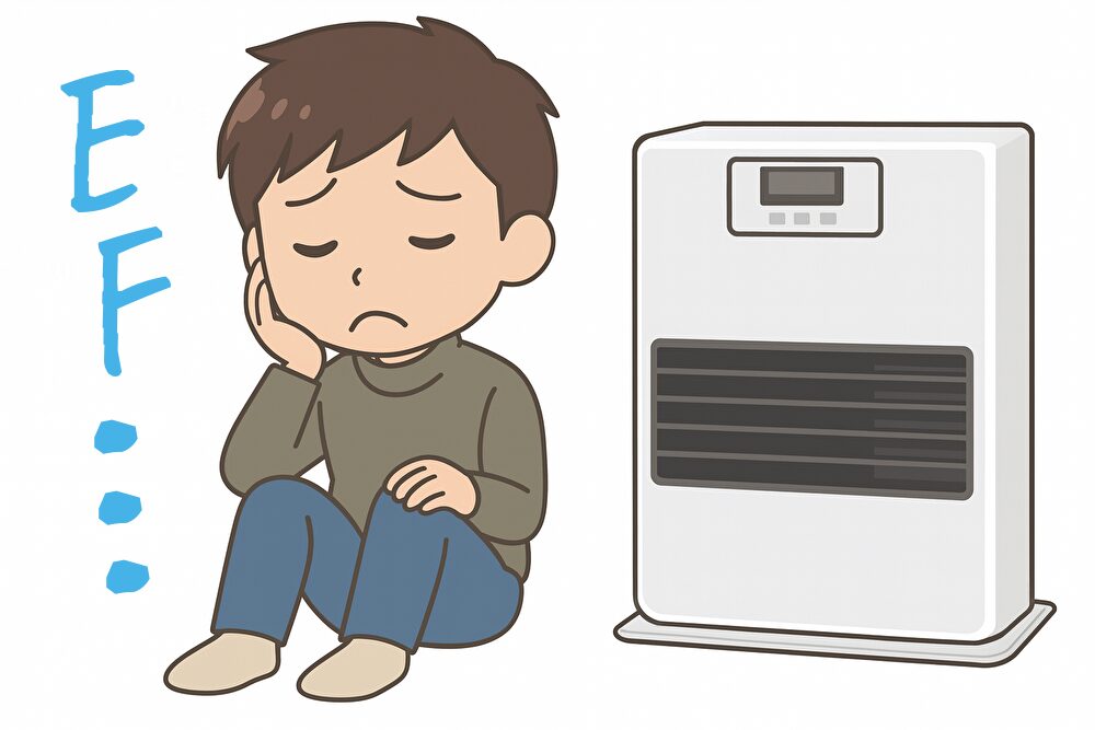 EFエラーでストーブが動かず困っている様子の男性を描いたアニメ風イラスト。床に座り、頬杖をついて落ち込んでいる姿。隣にはデジタル表示付きの白いストーブが描かれている。