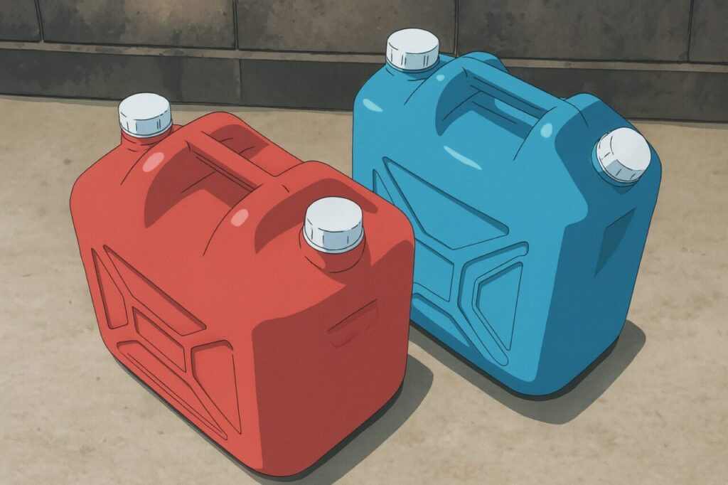 赤と青の灯油用ポリタンクが屋外のコンクリート地面に並んで置かれているアニメ風イラスト。背景にはブロック塀が描かれ、シンプルで清潔感のある雰囲気。
