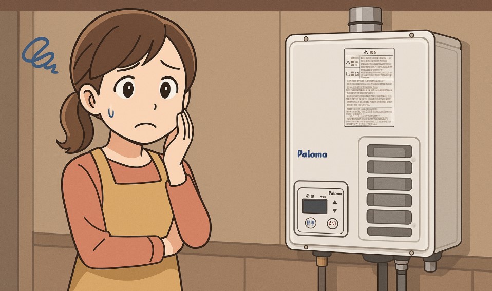 室内の壁に設置された湯沸器の前で、不安そうな表情を浮かべて困っているお母さんを描いたアニメ風イラスト。