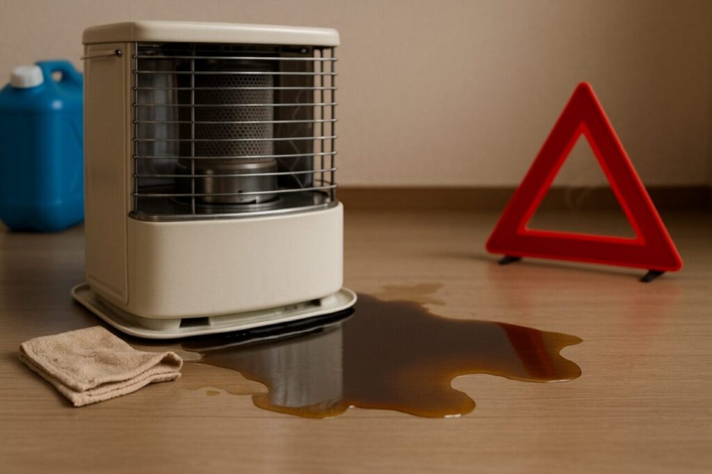 石油ストーブの底部から漏れた灯油が床に広がり、光を反射する油膜が見える静かな室内の様子