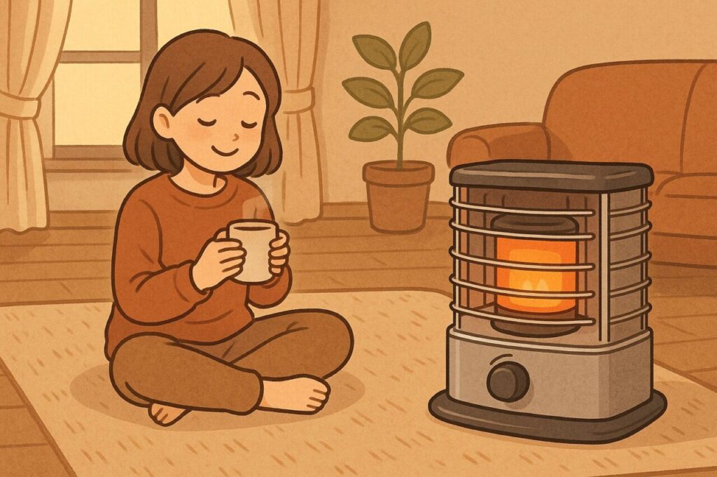 灯油ストーブの前で温かい飲み物を手にくつろぐ女性。部屋は柔らかい照明に包まれ、カーテンや観葉植物、ソファがあり、暖かく落ち着いた雰囲気が漂っている。