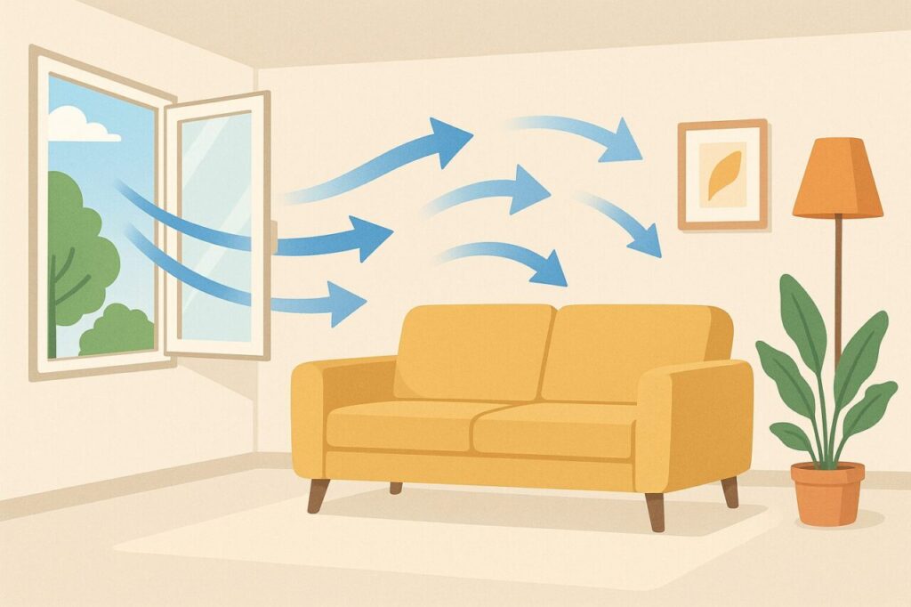 室内で窓を開けて換気をしている様子を描いたイラスト。外の新鮮な空気が風となって部屋に流れ込んでいる。