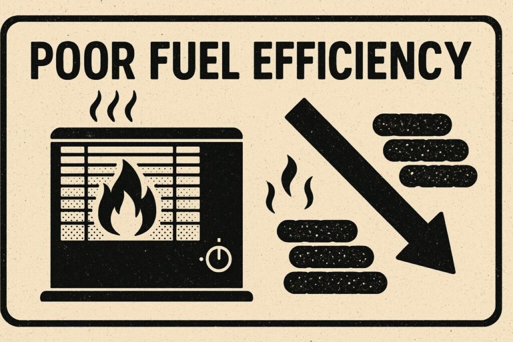 ストーブの燃費が悪化している状態を示すイラスト。燃焼効率が低下したストーブと、燃料消費が増加する様子を矢印と炎のアイコンで表現している。