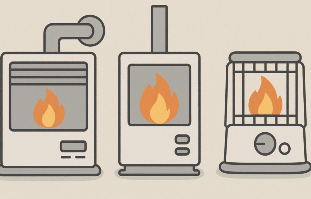 FF式・煙突式・開放式の3タイプの石油ストーブを並べ、燃焼方式の違いを表現したイラスト。