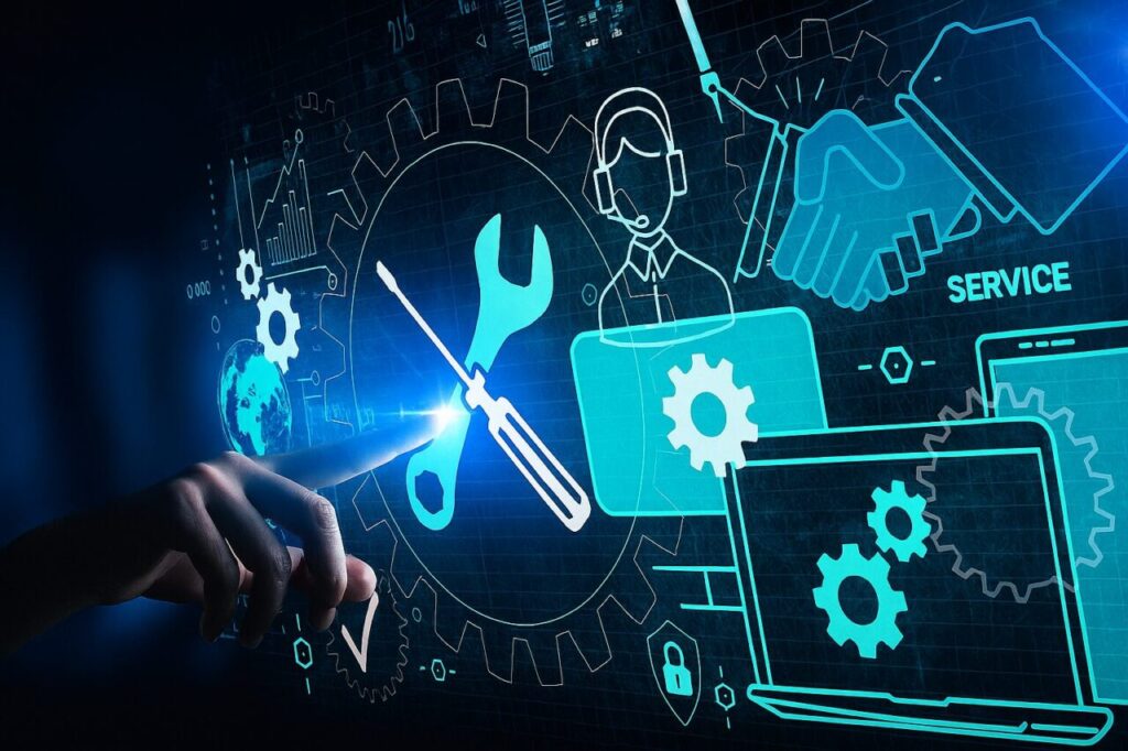 デジタル技術を使ったメンテナンスとサポートを表すイメージ。指先が青い光を放ち、歯車やレンチ、サポートスタッフのアイコンが重なった未来的な雰囲気。