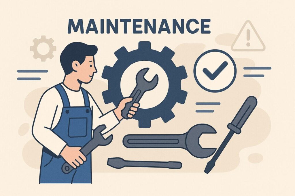 工具を持った作業員が大きな歯車の前でメンテナンス作業を行っているイラスト。背景にはチェックマークや警告アイコンが描かれ、整備や点検のイメージを表現している。