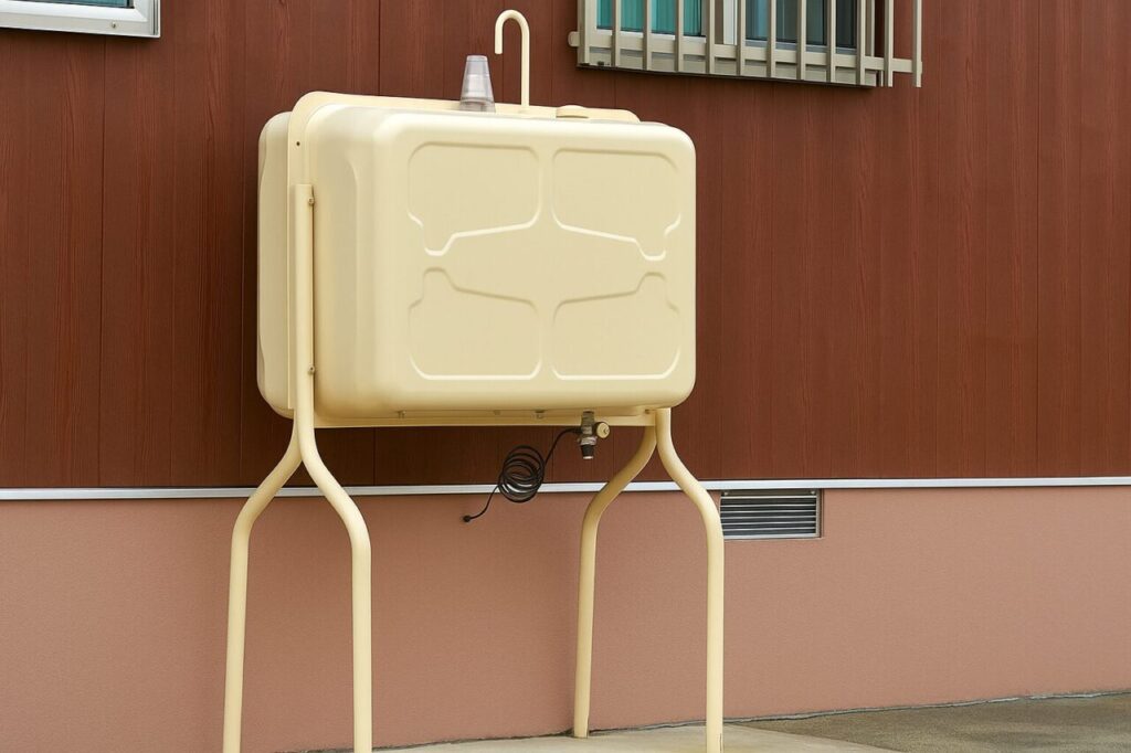 家の横に灯油が入っている４９０L タンクが置いてある様子。