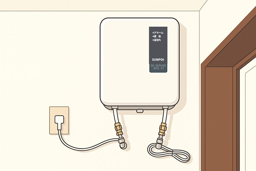 天井付近の壁に取り付けられた白いオイルサーバーが描かれた室内イラスト。配管や電源コードが接続され、落ち着いた色調で家庭用設備として設置されている様子がわかる。