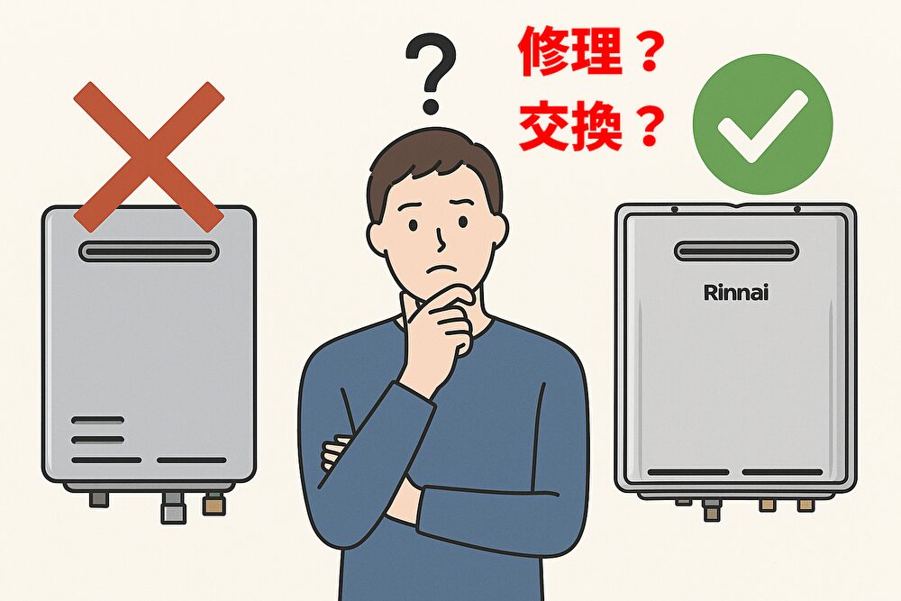 同じ形状のエコジョーズ給湯器を前に、修理か交換かで悩んでいる男性のイラスト。左の給湯器にはバツ印、右の給湯器にはチェックマークが付き、中央で男性が顎に手を当てて考え込んでいる。