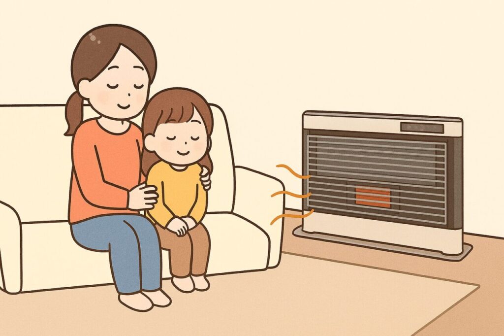 壁際に設置されたFF式ストーブで部屋を暖め、母親と子どもがソファに並んで穏やかに過ごしているリビングのイラスト。暖色系の柔らかな雰囲気で、ストーブからは温かな空気が流れている様子が描かれている。