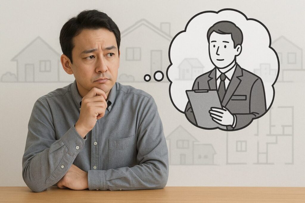 設備工事の相談をするか悩む男性が机に肘をつき、思案する表情で考え込んでいる。吹き出しの中には作業着姿の業者が資料を持って説明している姿が描かれ、相談を検討している雰囲気が伝わる。