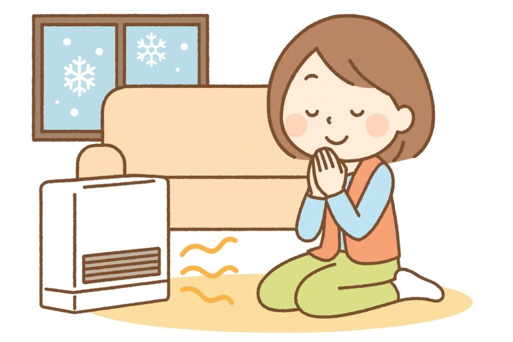 ガスストーブの前で手を温めながら快適に過ごしている人物を描いたイラスト。室内にはソファと窓があり、ストーブから温風が広がっている様子が表現されている。