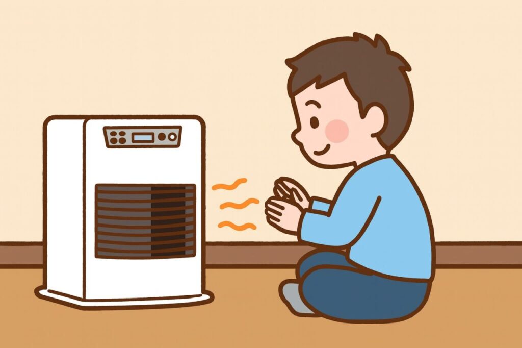 ストーブを壁際に設置し、前に座った人物が手をかざしながら暖かさを感じている、室内で快適にストーブを使用している様子のイラスト