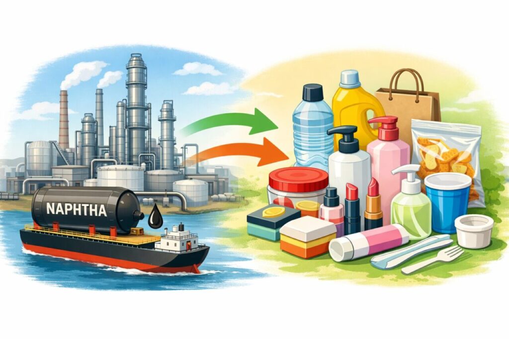 原料を積んだ船が製油所に運ばれ、そこから加工されて洗剤やボトル、化粧品などの日用品へつながる流れを示したイラスト