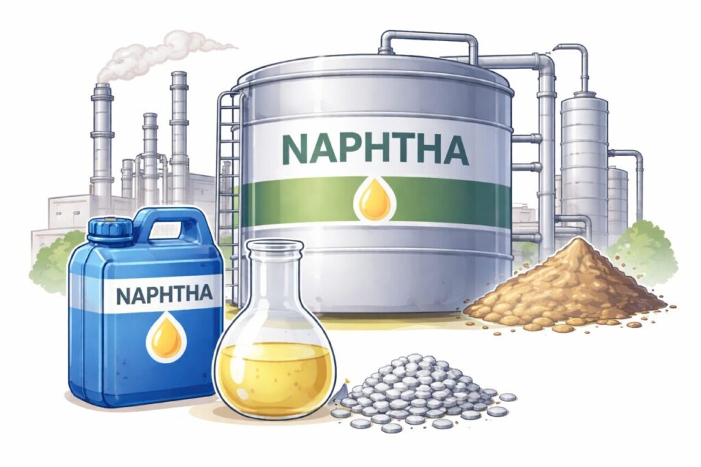 石油精製プラントとナフサ貯蔵タンクを中心に、容器に入った液体ナフサとプラスチック原料ペレットが配置されたナフサの用途を表したイラスト