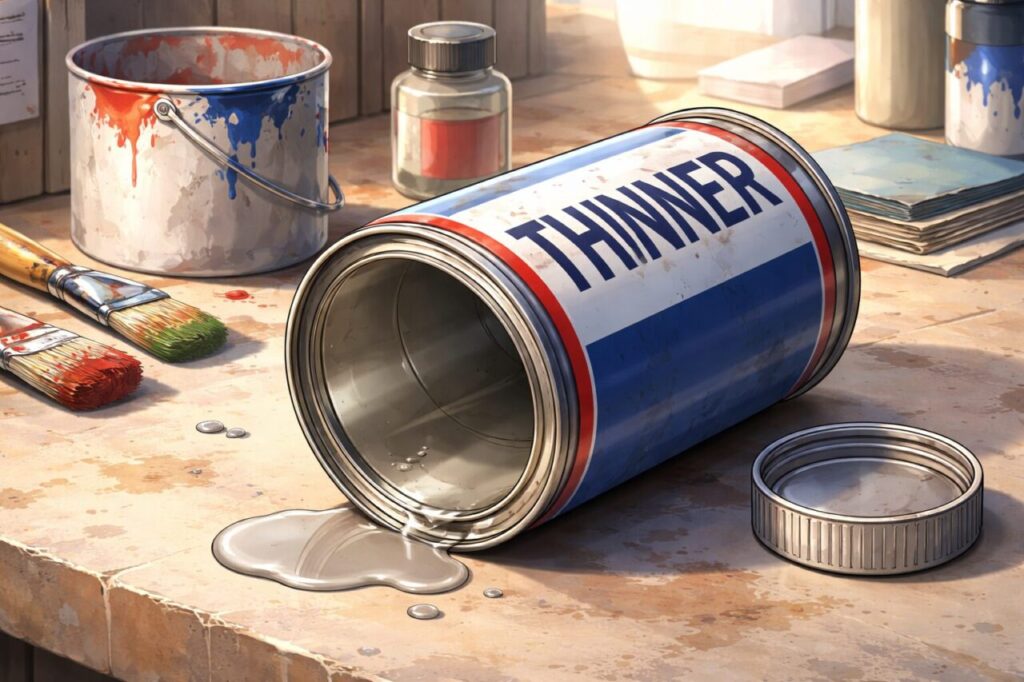 シンナー缶が倒れて中身がほとんど残っておらず、作業台にわずかにこぼれた状態を描いたイラスト