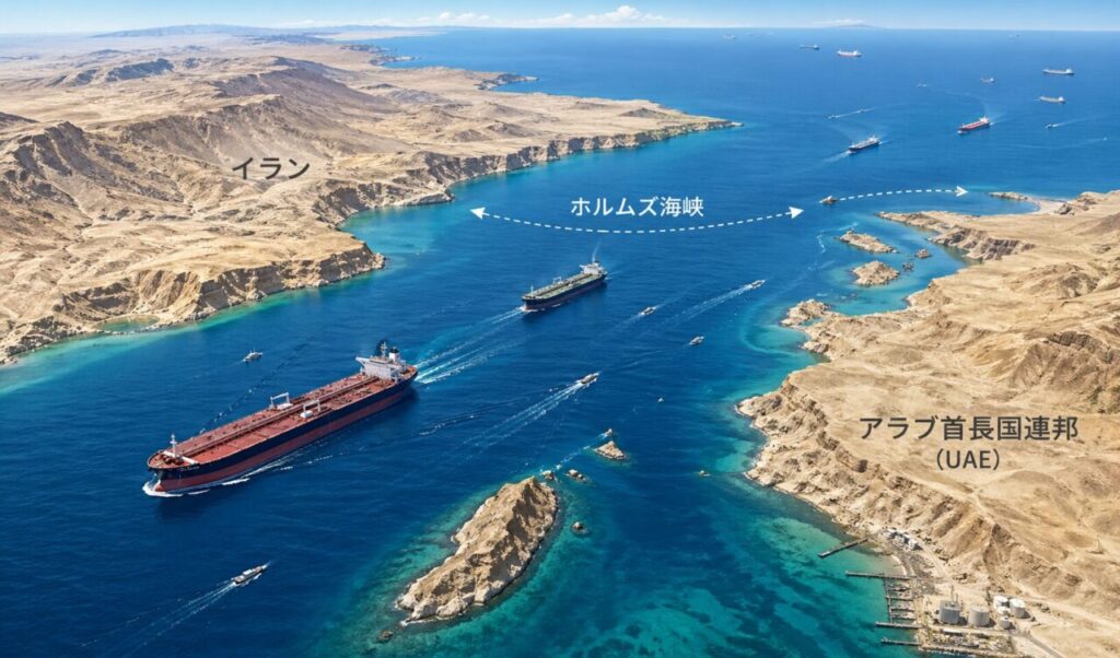 ホルムズ海峡を上空から描いたイラスト