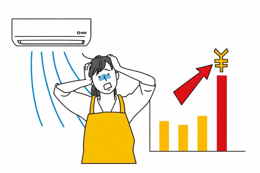 エアコンの冷風に当たりながら頭を抱えて悩む人物と、右側で円マークとともに上昇する費用グラフが描かれたイラスト