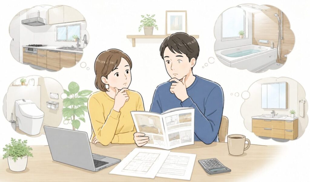 住宅設備の交換を検討しながらキッチンや浴室、トイレ設備のカタログを見る夫婦のイメージイラスト