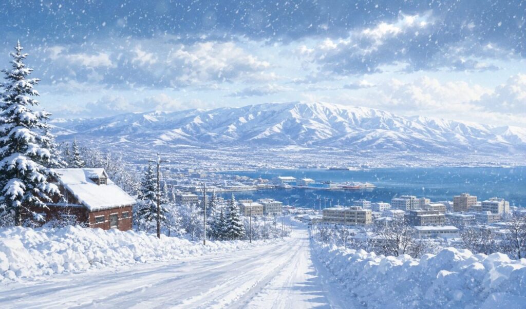 雪に覆われた北海道の冬景色。白銀の山々と広大な雪原、雪道沿いの家屋や木々が並び、厳しい寒さと雄大な自然を感じさせる風景