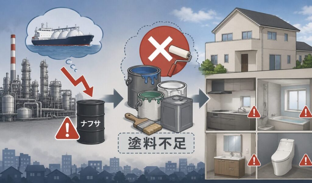 ナフサ不足による塗料供給の停滞で、住宅設備や住宅建材にも影響が広がっている様子を表現したイラスト