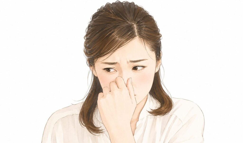 白背景の中で鼻をつまみ、不快そうな表情を浮かべる女性を描いたやわらかいタッチのイラスト