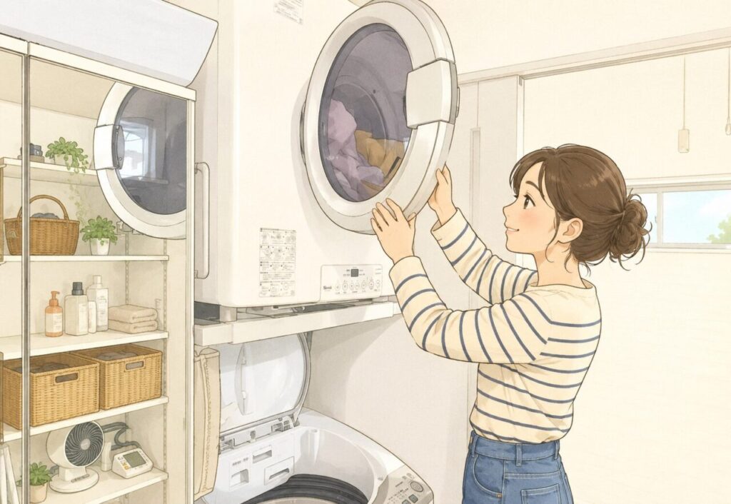 洗濯乾燥機の扉を開けながら、明るいランドリールームで洗濯物を取り出す女性のイラスト