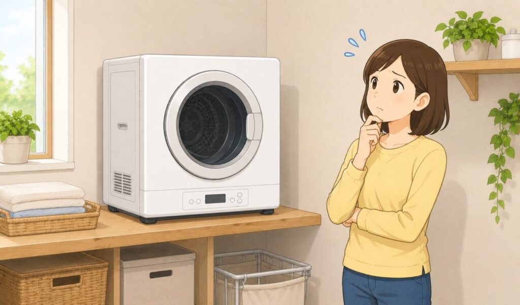 乾太くんの寿命や故障タイミングに悩みながら乾燥機を確認する女性のイラスト