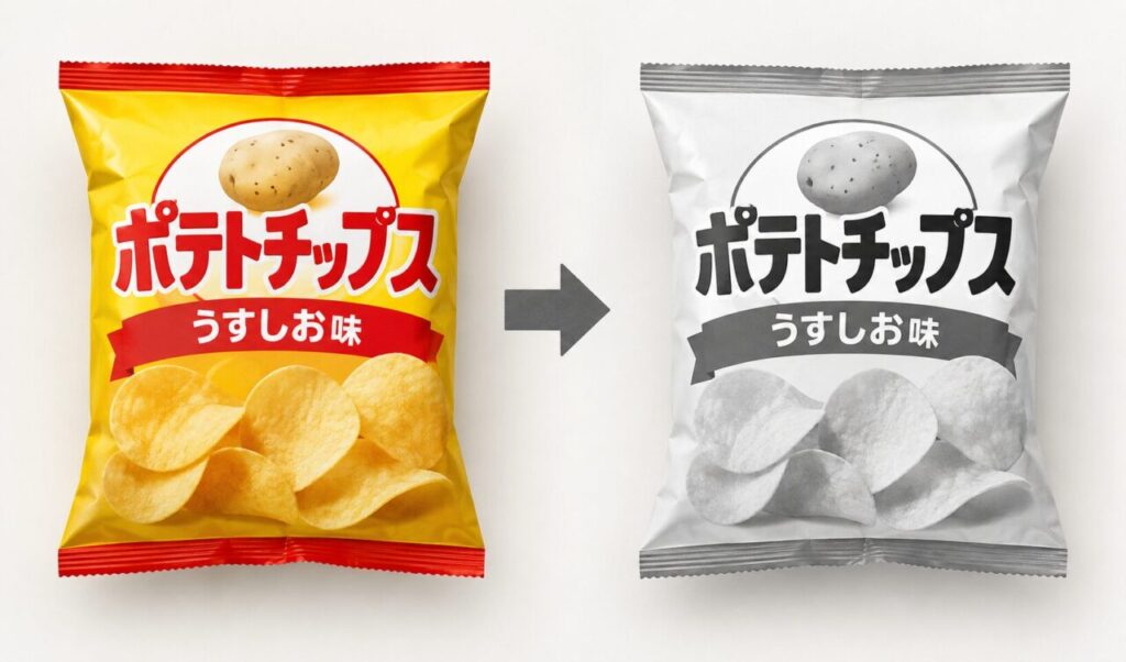 カラーのポテトチップスの袋が、印刷インク不足の影響で白黒パッケージへ変化している様子を比較したイメージイラスト