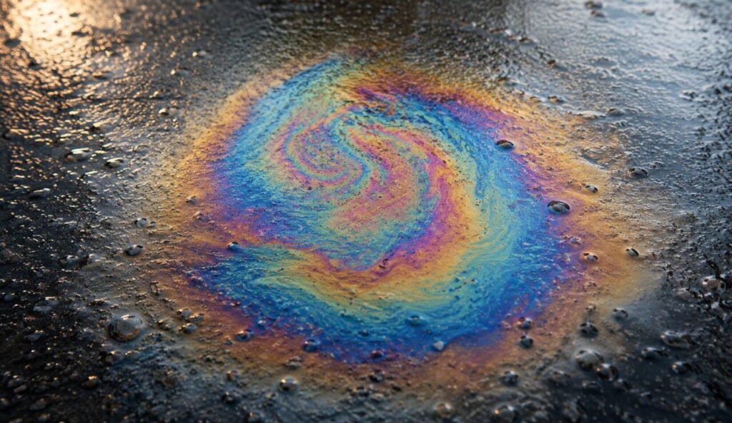 雨上がりのアスファルトに広がる虹色の油膜が幻想的に反射している様子