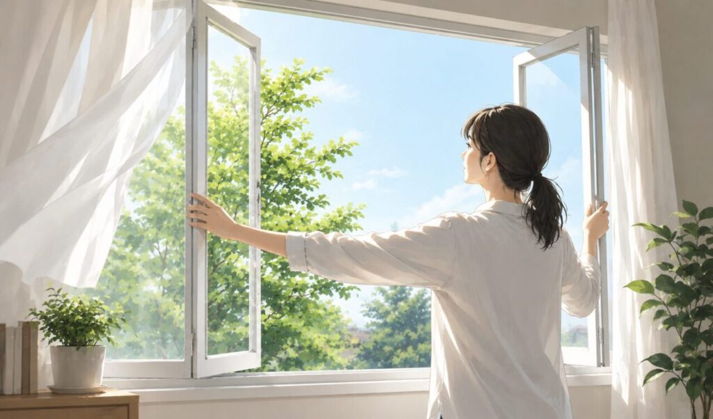 窓を開けて外の空気を取り込む女性の落ち着いた室内イラスト