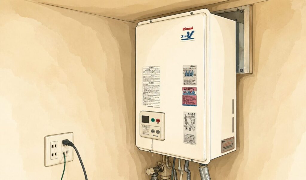 壁に設置された白いガス給湯器をイラスト風に描いた室内イメージ。電源コンセントと配管もあわせて表現された横長構図。