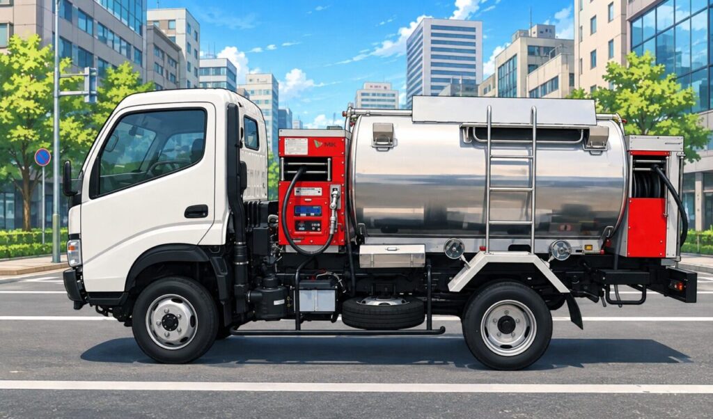 市街地を走行するタンク搭載作業車をイラスト風に描いたイメージ