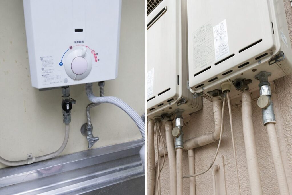 瞬間湯沸かし器と給湯器の違いを比較したイメージ。室内設置の瞬間湯沸かし器と屋外設置の給湯器を並べて紹介している様子。