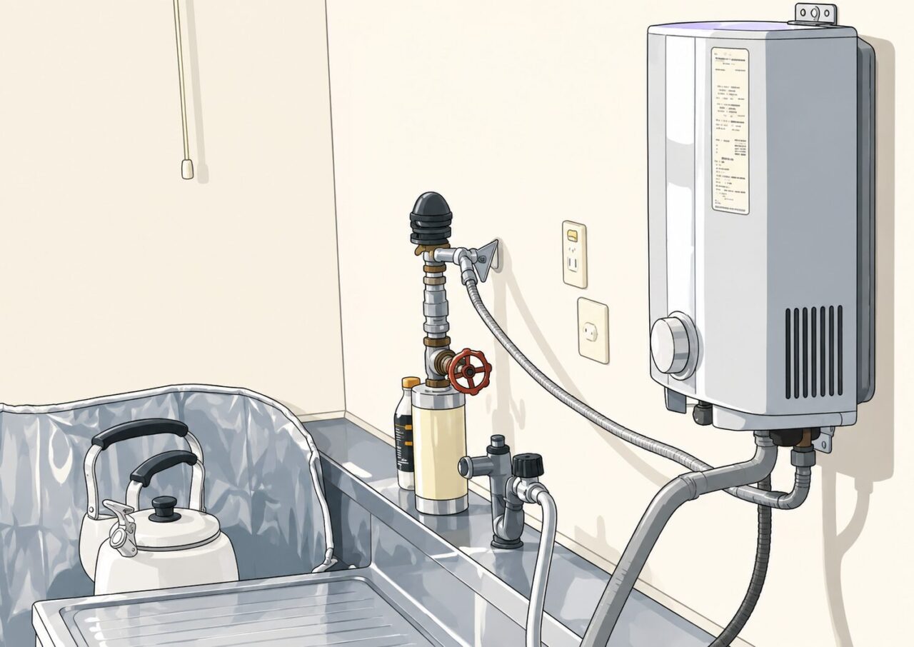 壁掛け式のガス給湯器と流し台、配管設備を描いたシンプルなイラスト。住宅の給湯設備やキッチン周りをイメージしたイラスト素材。